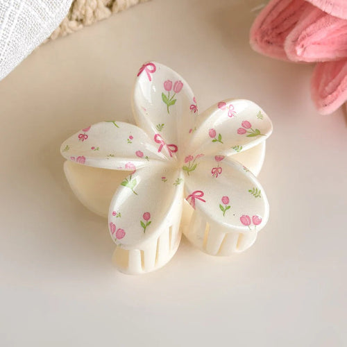 Pink gingham check flower hair claw clip