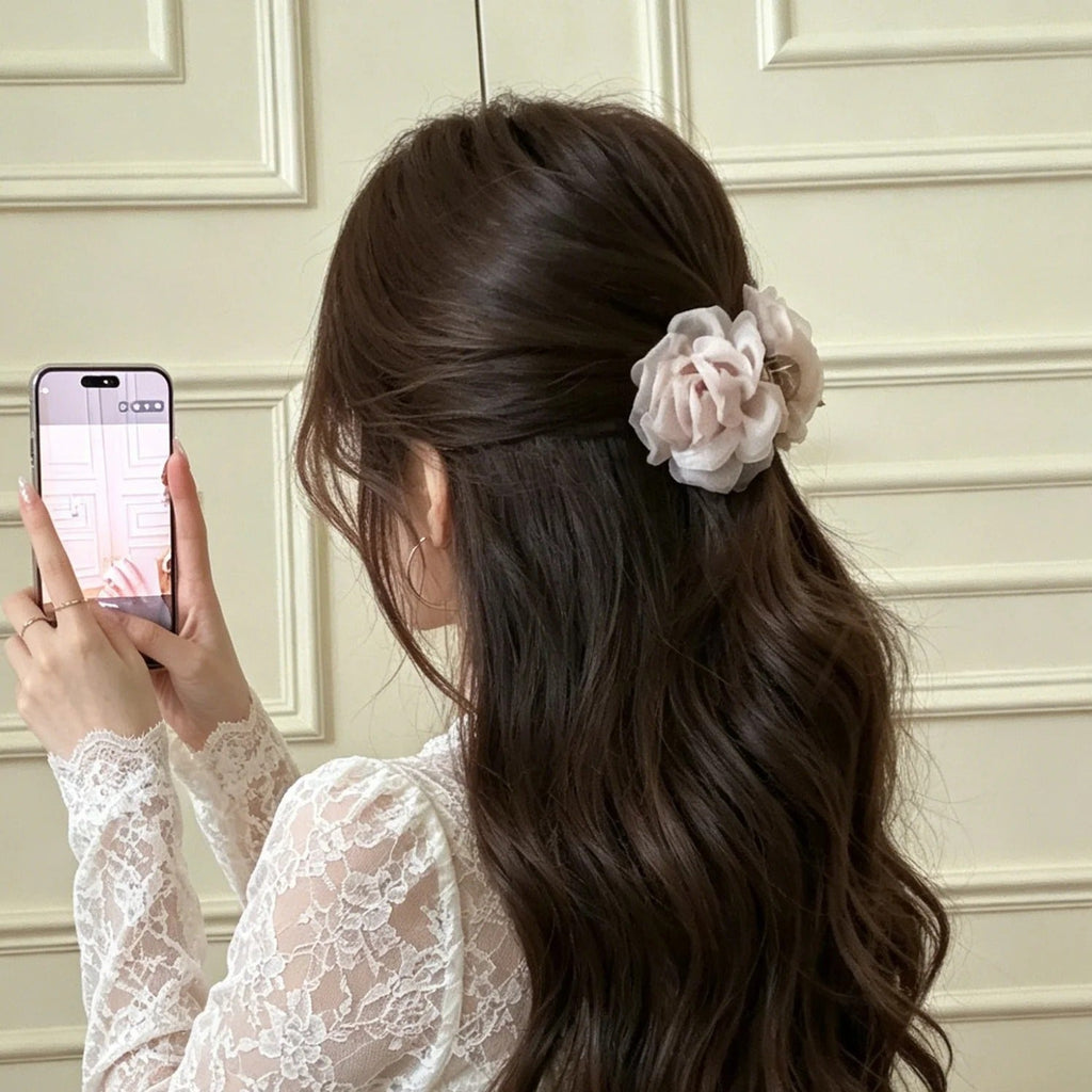 Fabric flower hair claw - ivory detail