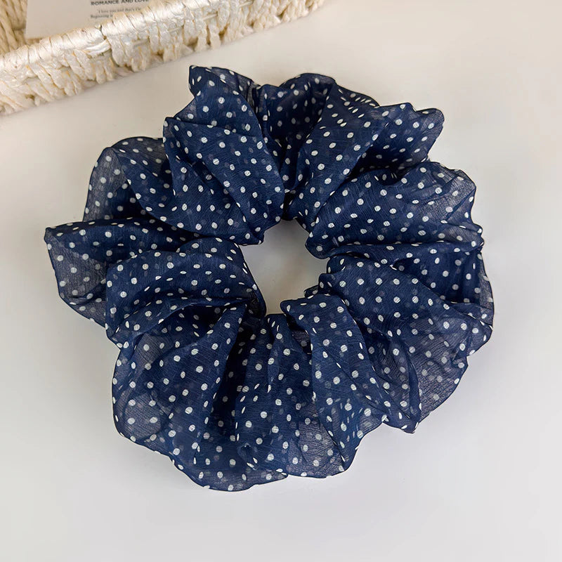 Floral Organza Scrunchie - Navy polka dot