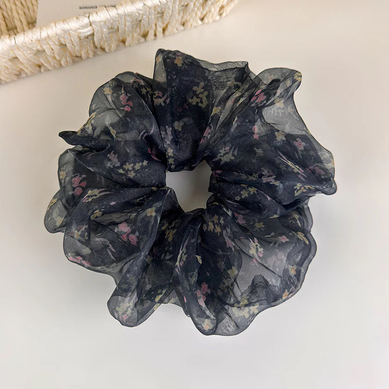 Floral Organza Scrunchie - Green floral