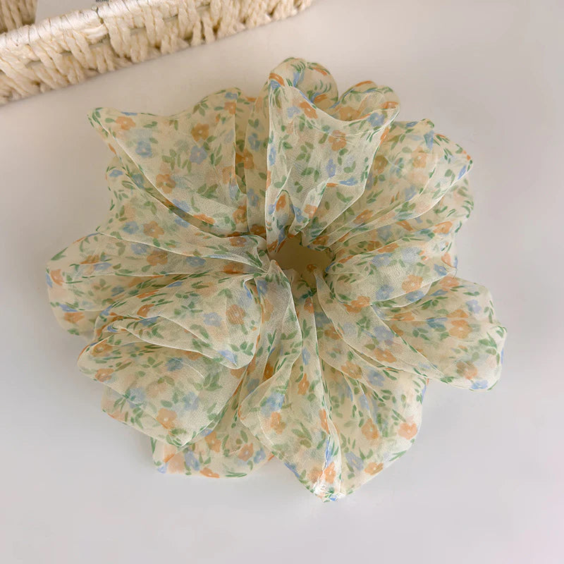 Floral Organza Scrunchie - Beige floral