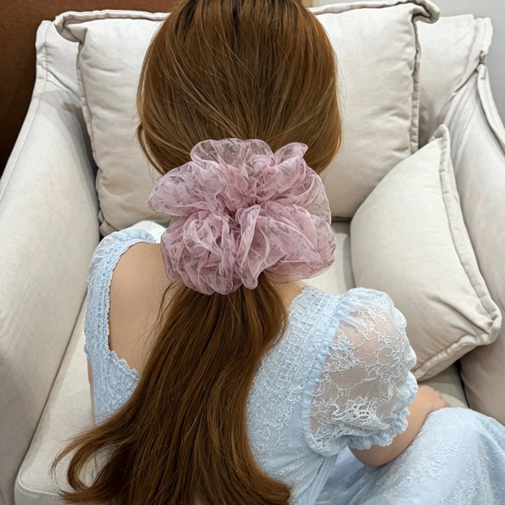 Floral Organza Scrunchie - Pink, worn in hair styling