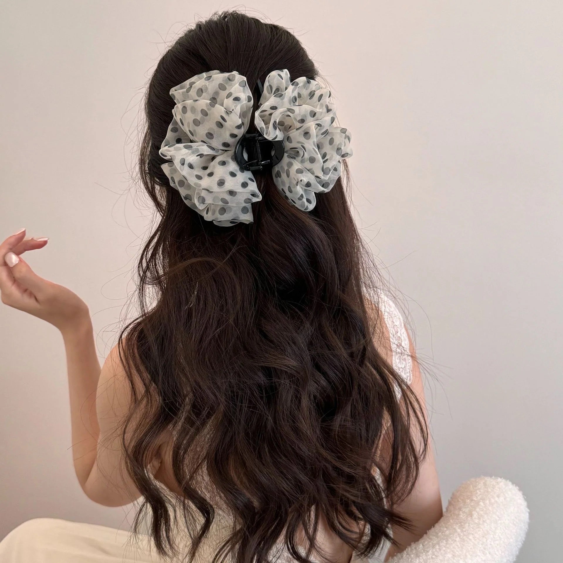 Polka Dot Mesh Hair Claw Clip - Ivory, back view half-up style