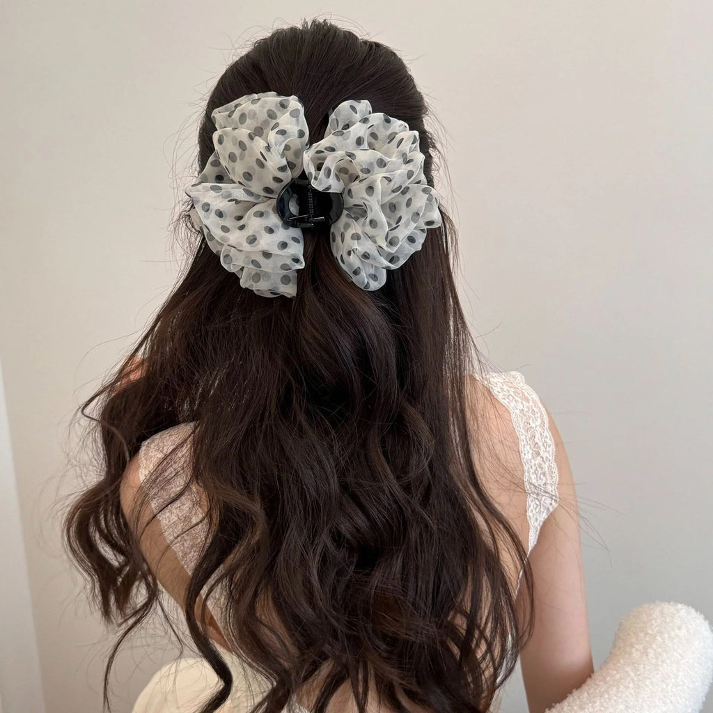 Polka Dot Mesh Hair Claw Clip - Navy, back view half-up style