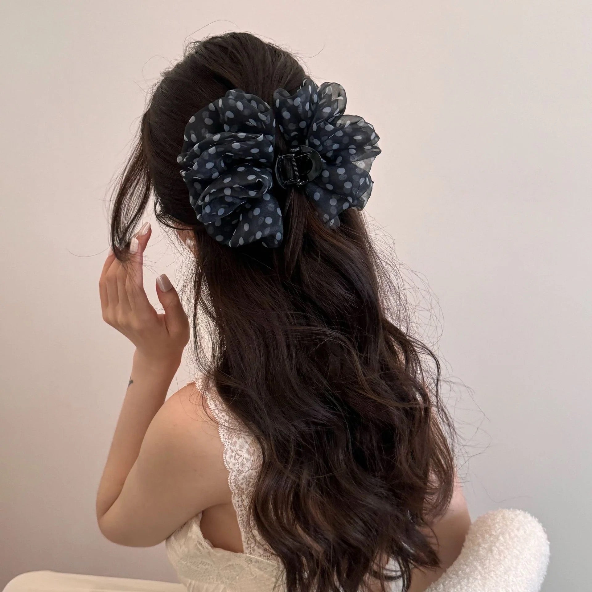 Polka Dot Mesh Hair Claw Clip - Navy, back view