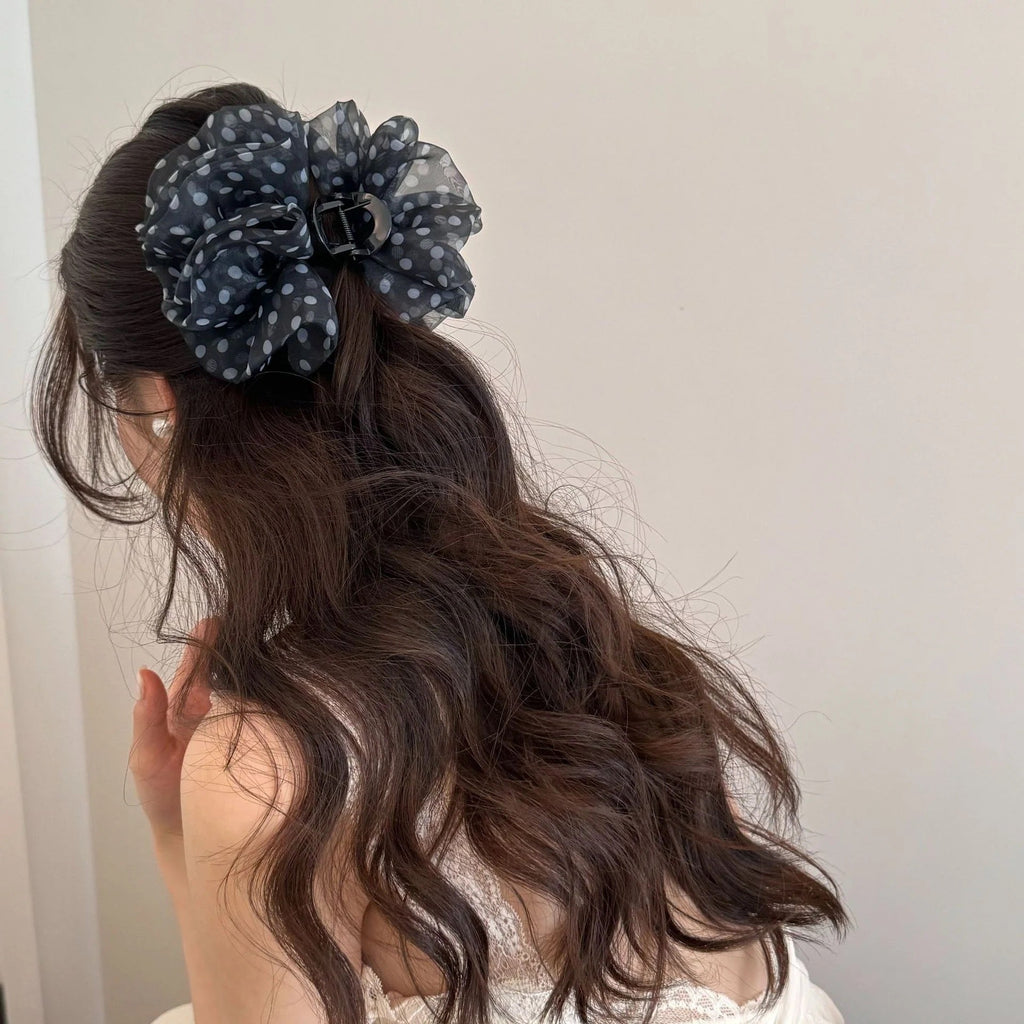 Polka Dot Mesh Hair Claw Clip - Navy, close-up