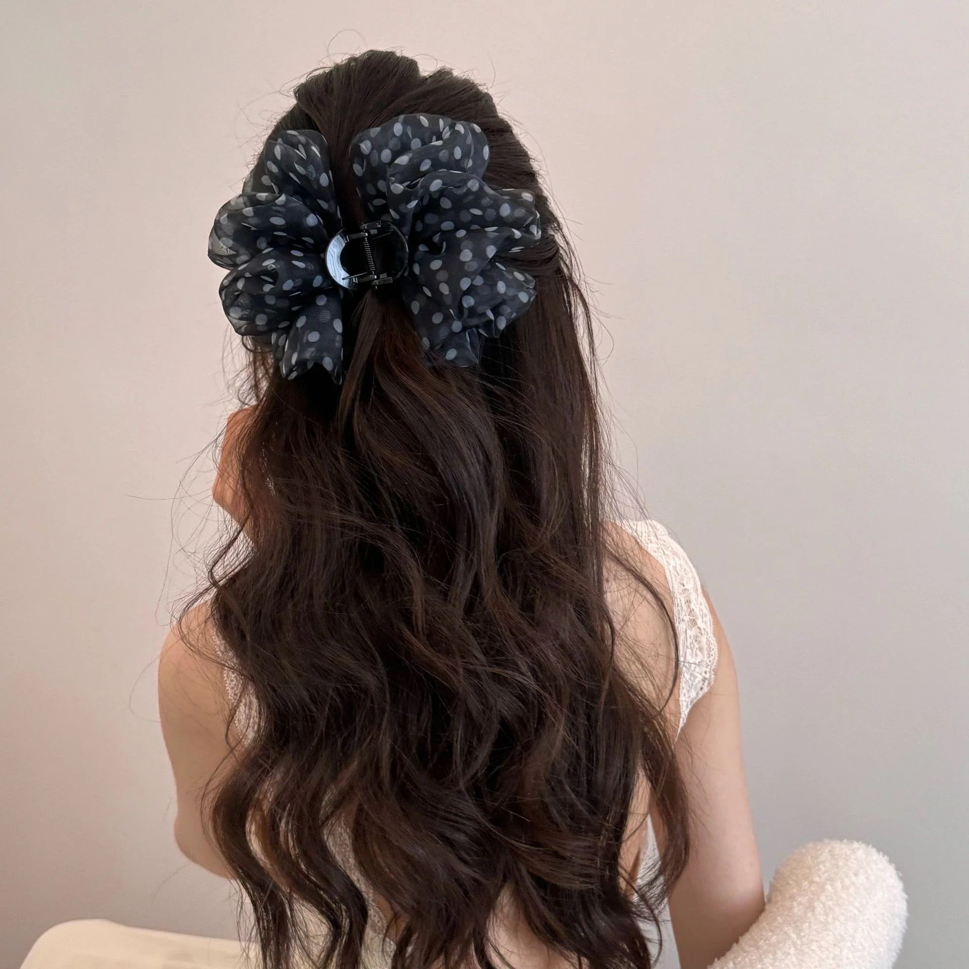 Polka Dot Mesh Hair Claw Clip - Navy, updo style