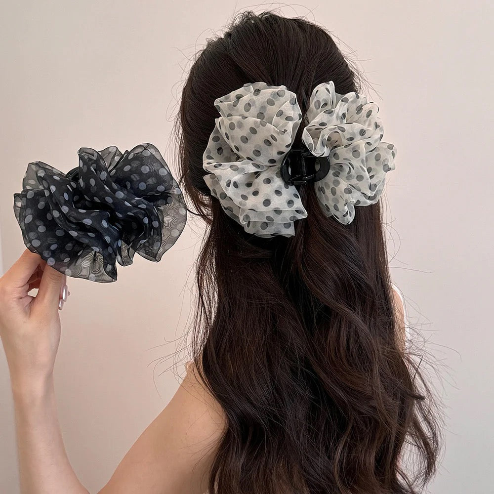 Polka Dot Mesh Hair Claw Clip - Ivory, full back view