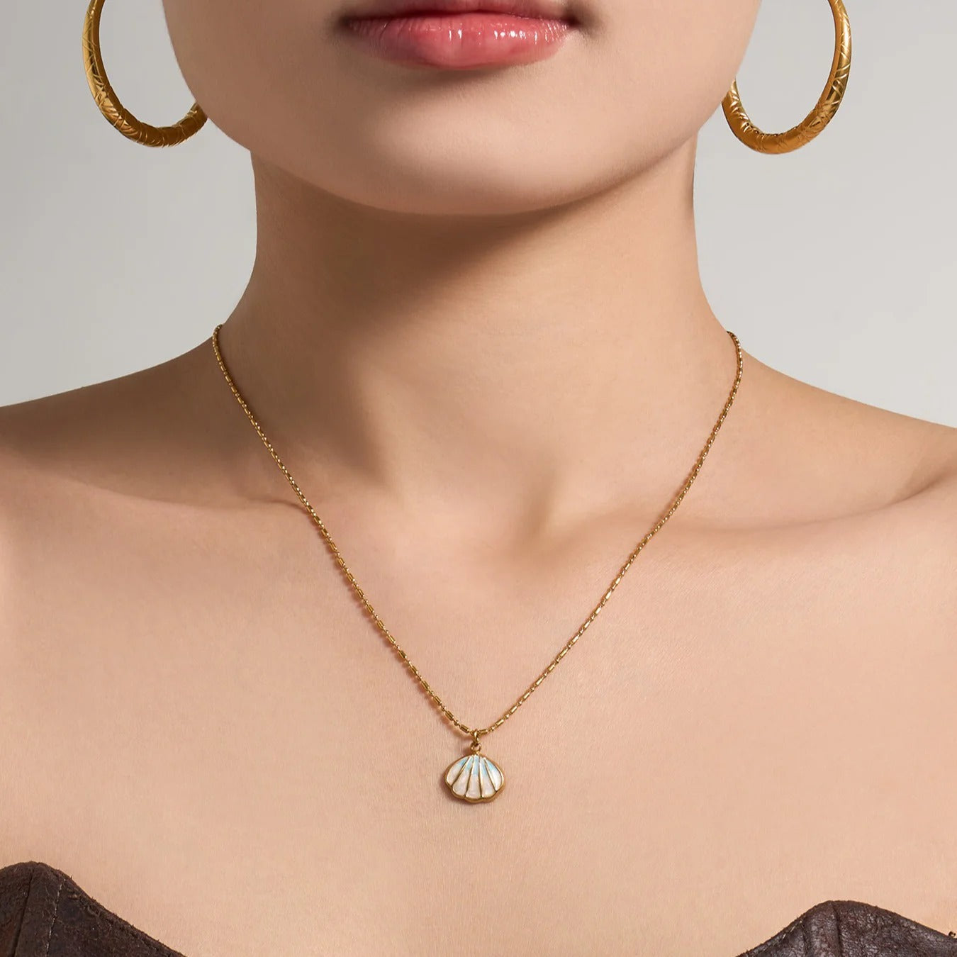 Gold Plated Shell Pendant Necklace - worn styling shot with hoop earrings