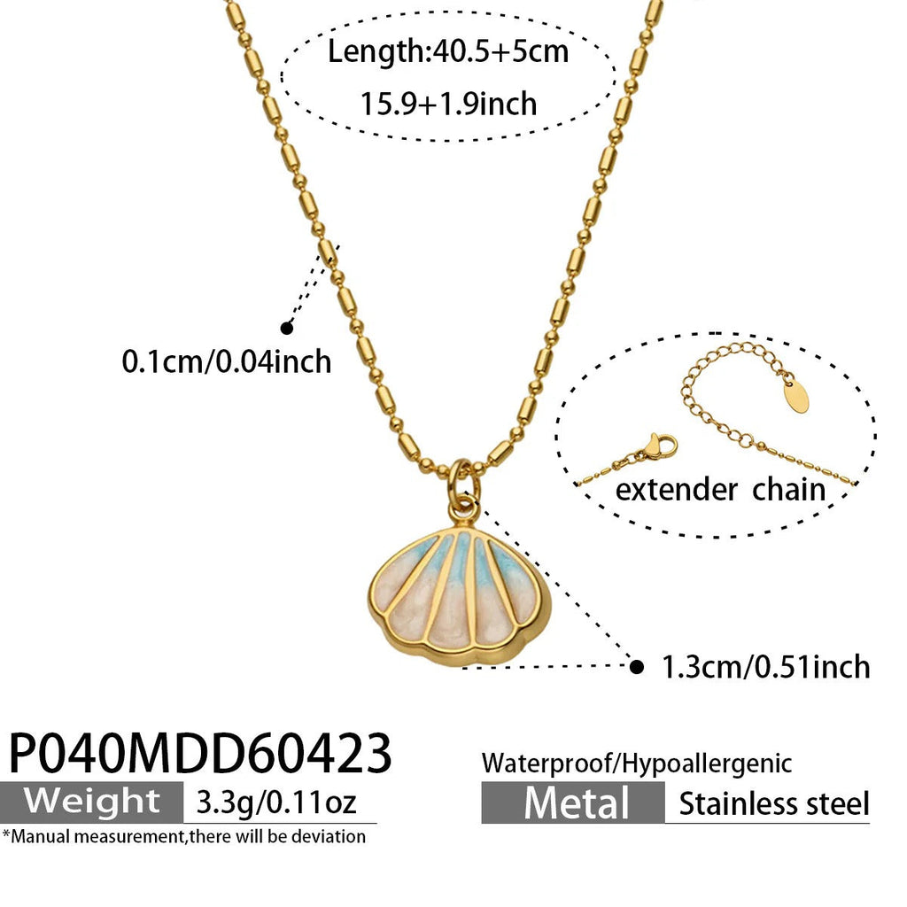 Gold Plated Shell Pendant Necklace - Style A (P040) spec sheet, 40.5+5cm chain, 1.3cm pendant, 3.3g
