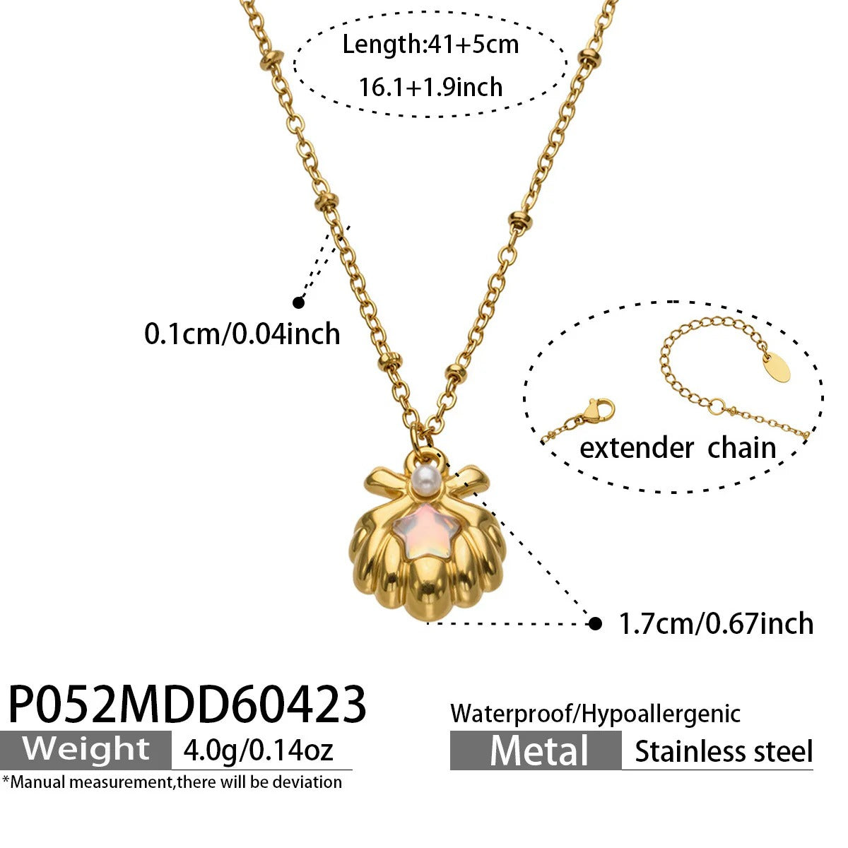 Gold Plated Shell Pendant Necklace - Style B (P052) spec sheet, 41+5cm chain, 1.7cm pendant, 4.0g