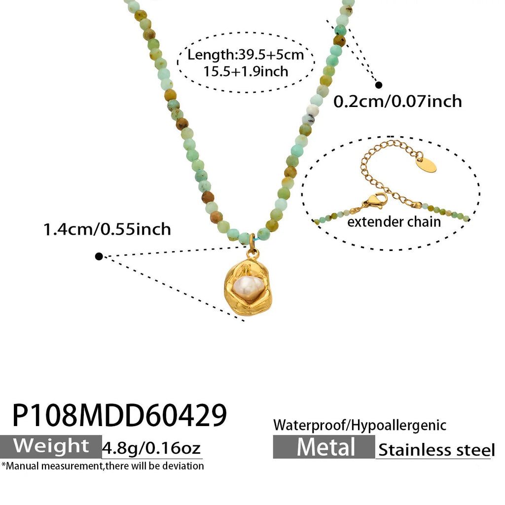 Stainless steel 18K gold natural stone bead pearl pendant necklace flat lay