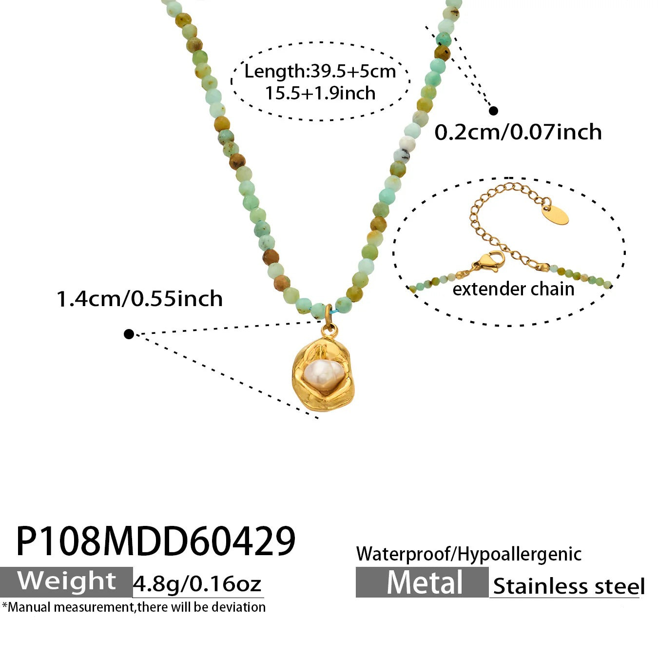 Stainless steel 18K gold natural stone bead pearl pendant necklace flat lay