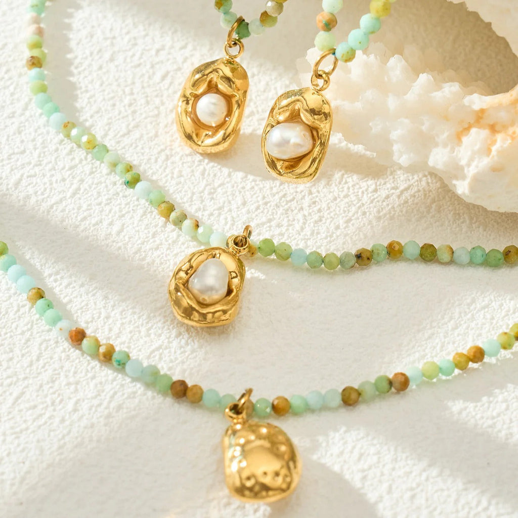 Natural stone bead pearl necklace layered styling on model