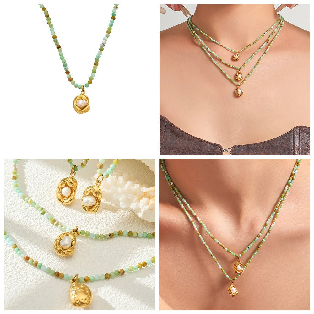 Pearl pendant necklace worn on model close-up