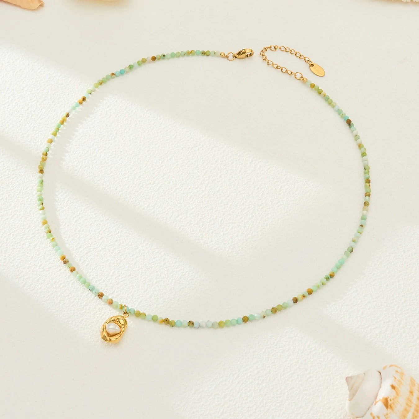 Natural stone bead pearl necklace full view with clasp