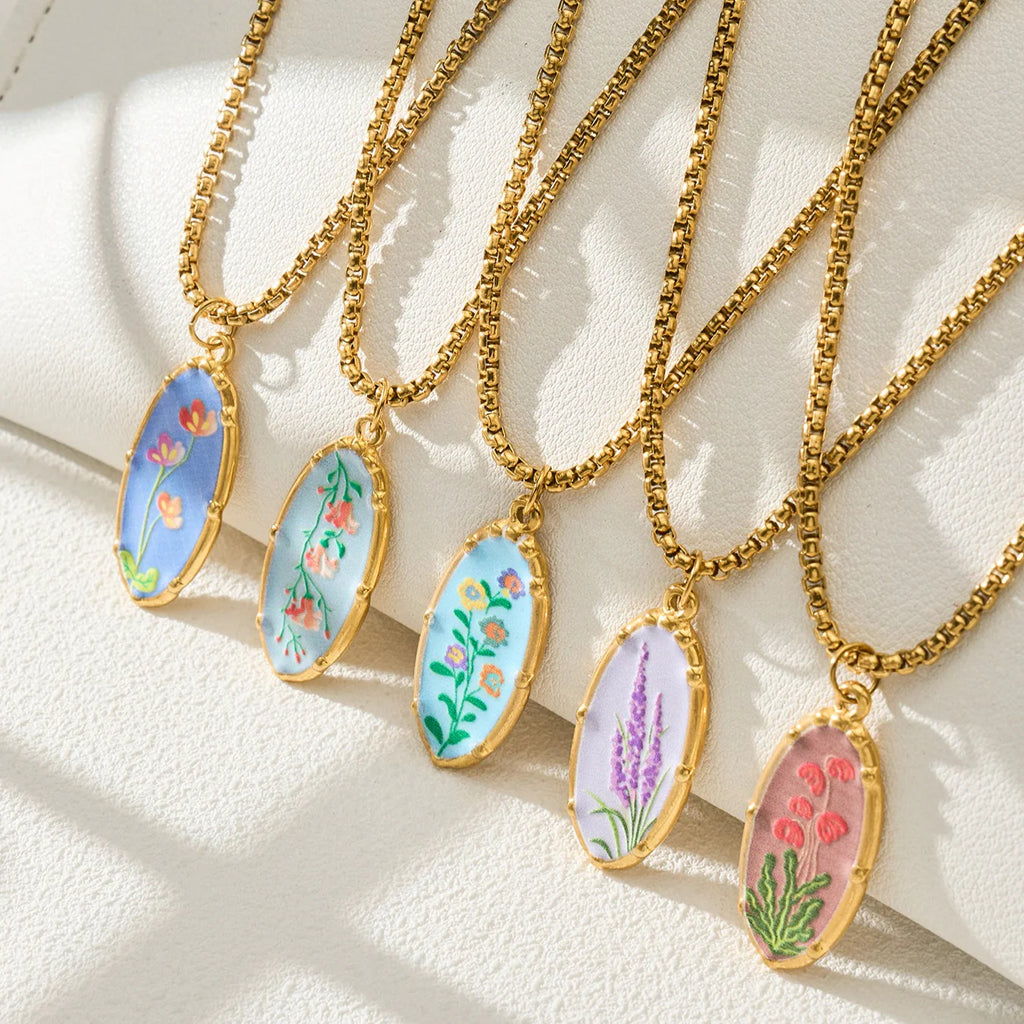 Stainless Steel Flower Oval Pendant Necklace