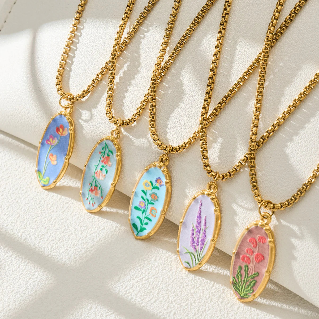Stainless Steel Flower Oval Pendant Necklace
