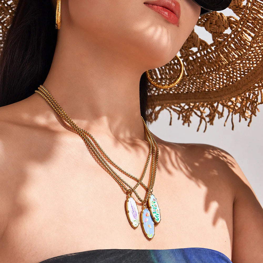 Stainless Steel Flower Oval Pendant Necklace
