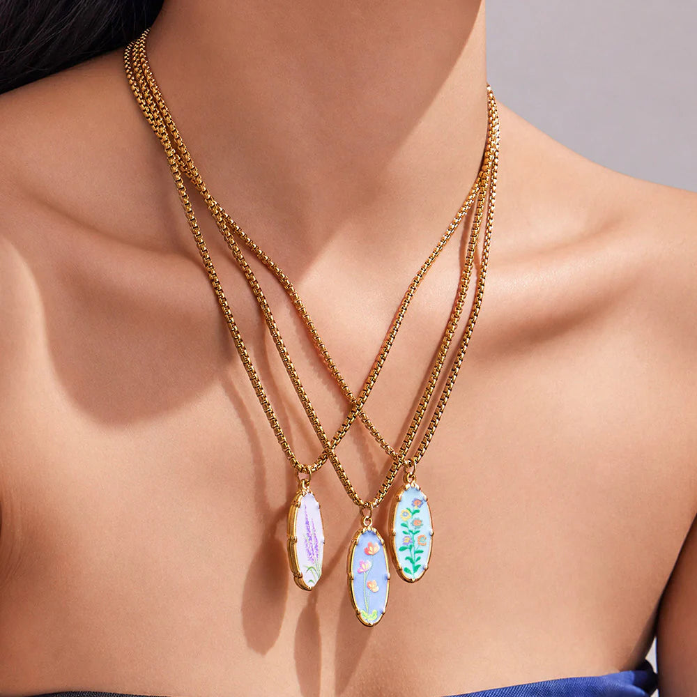 Stainless Steel Flower Oval Pendant Necklace