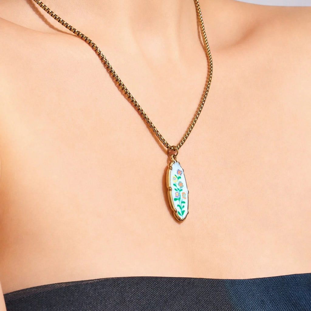 Stainless Steel Flower Oval Pendant Necklace