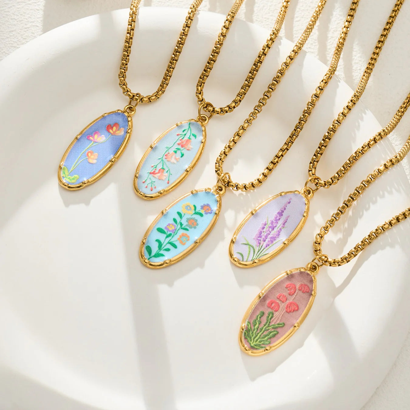 Stainless Steel Flower Oval Pendant Necklace