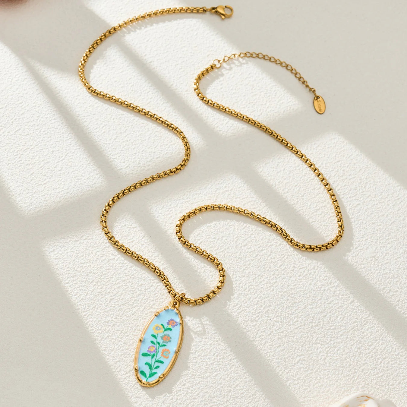 Stainless Steel Flower Oval Pendant Necklace