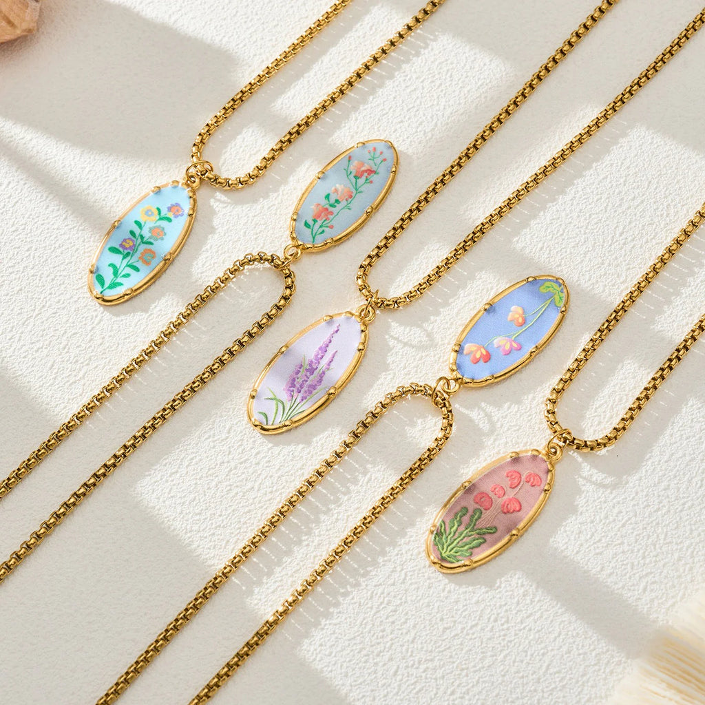 Stainless Steel Flower Oval Pendant Necklace