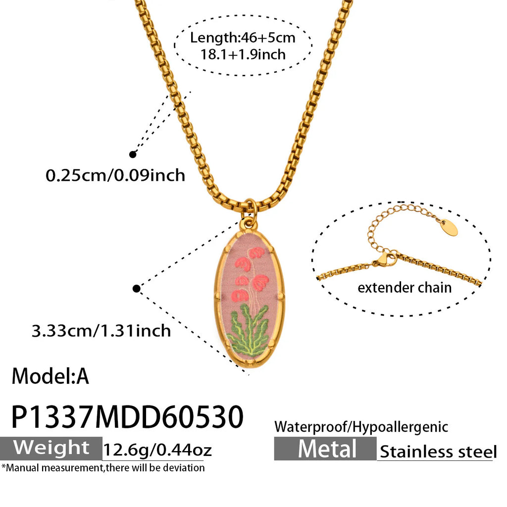 Stainless Steel Flower Oval Pendant Necklace