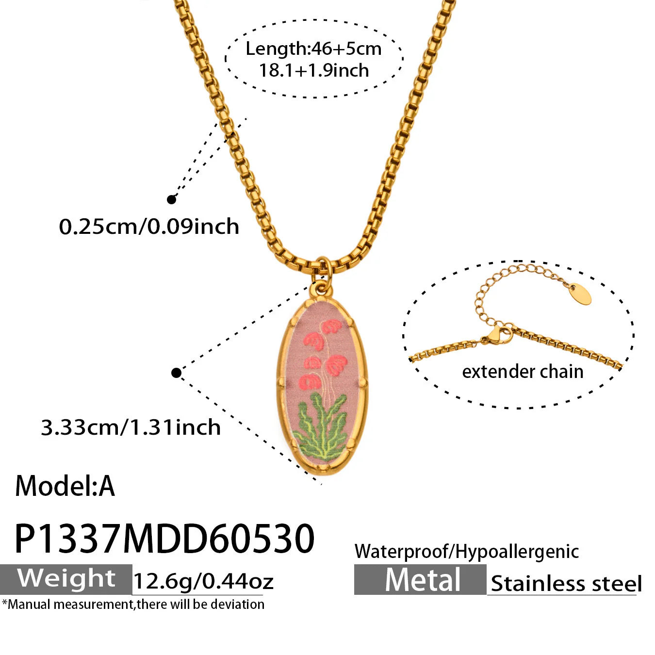 Stainless Steel Flower Oval Pendant Necklace