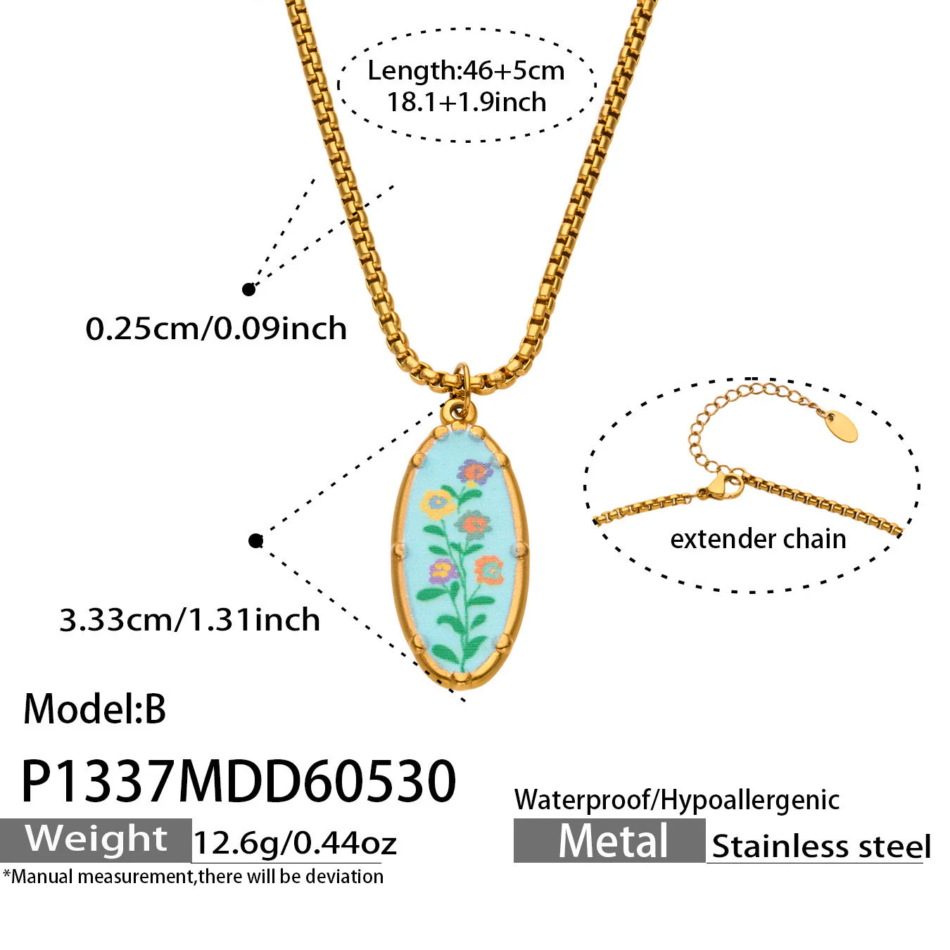 Stainless Steel Flower Oval Pendant Necklace