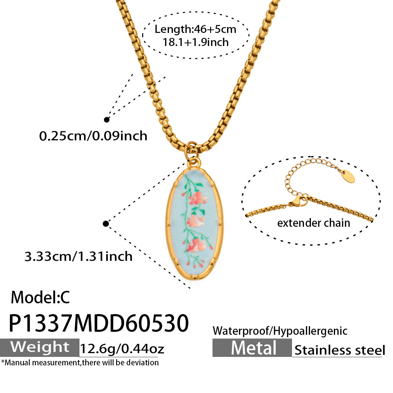 Stainless Steel Flower Oval Pendant Necklace