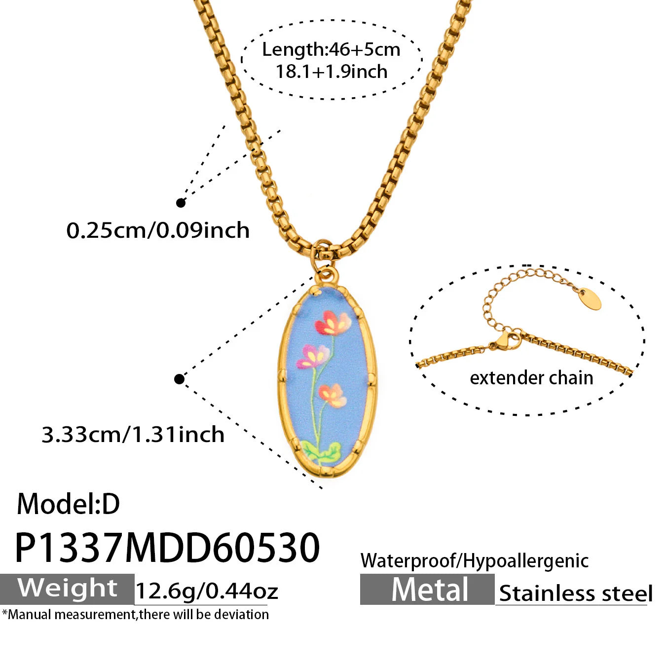 Stainless Steel Flower Oval Pendant Necklace
