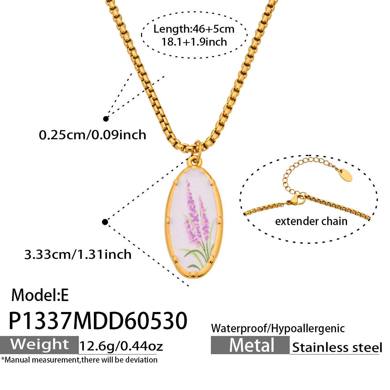 Stainless Steel Flower Oval Pendant Necklace